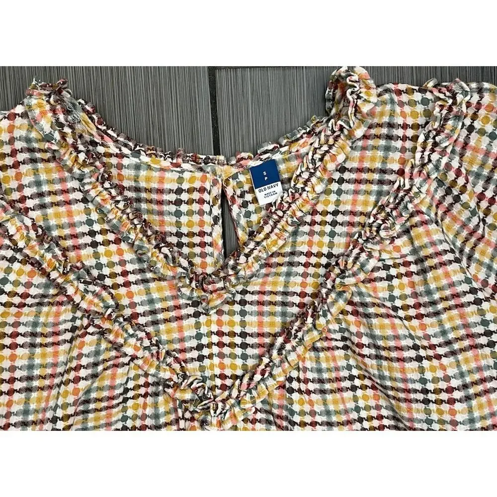 Old Navy Oversized Short-Sleeve Ruffled Dobby Gingham Blouse Size Small NWT